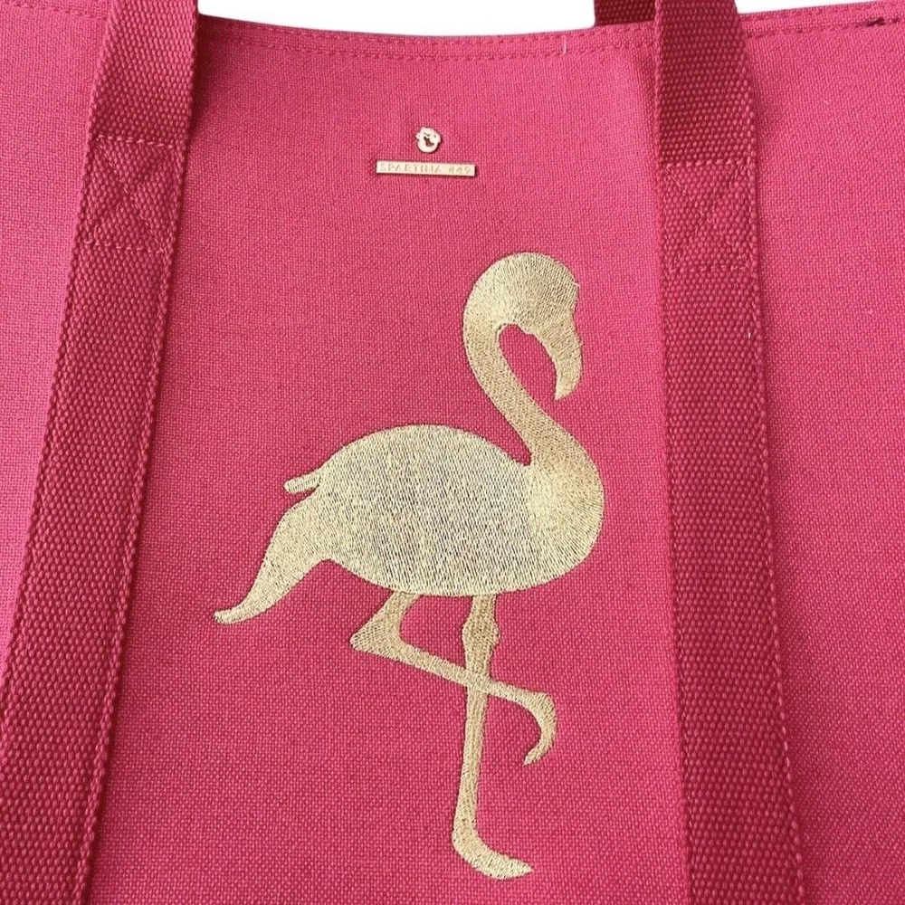 Spartina 449 Tote‎ Bag Womens Pink Excellent Gold Flamingo Embroidered Linen